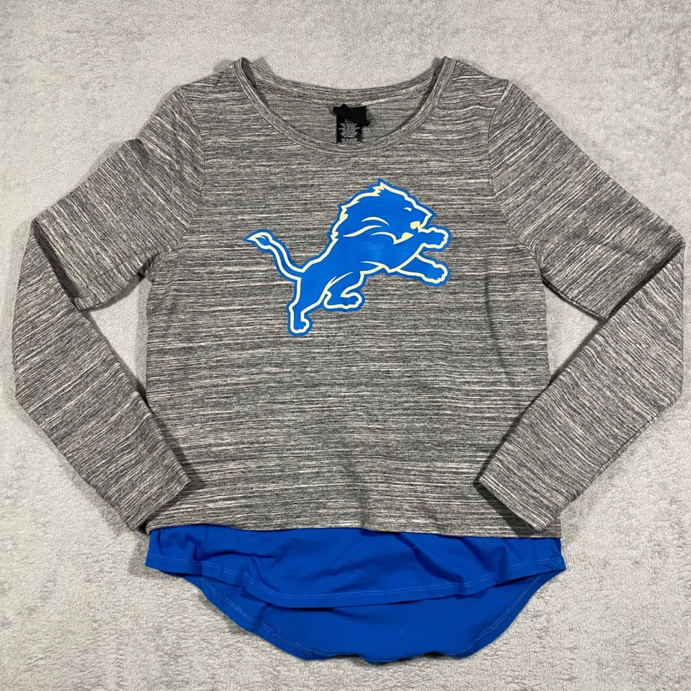 NFL Detroit Lions Layered Long Sleeve Top Juniors Large Gray Blue Glitter Logo